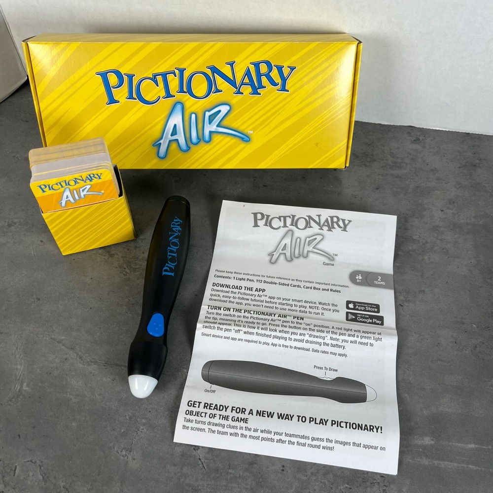 Pictionary Air Family Game Light Pen 112 Cards Box Instructions App Game Night